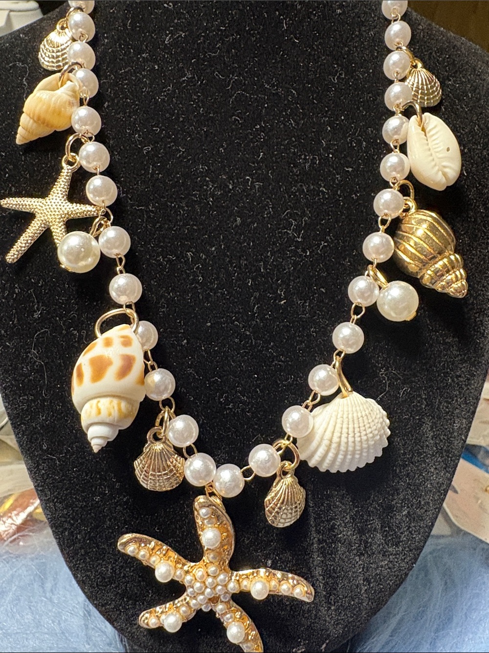 Pearl and Shell Starfish Necklace - Gold & White Beach Charm, New